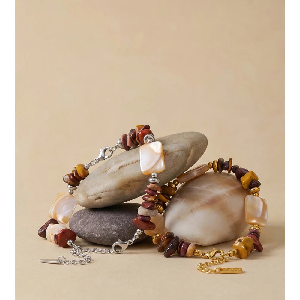 Shell Natural Stone Geometric Bracelet — Gold-Plated Stainless Steel with Natural Stone and Shell · PS1168
