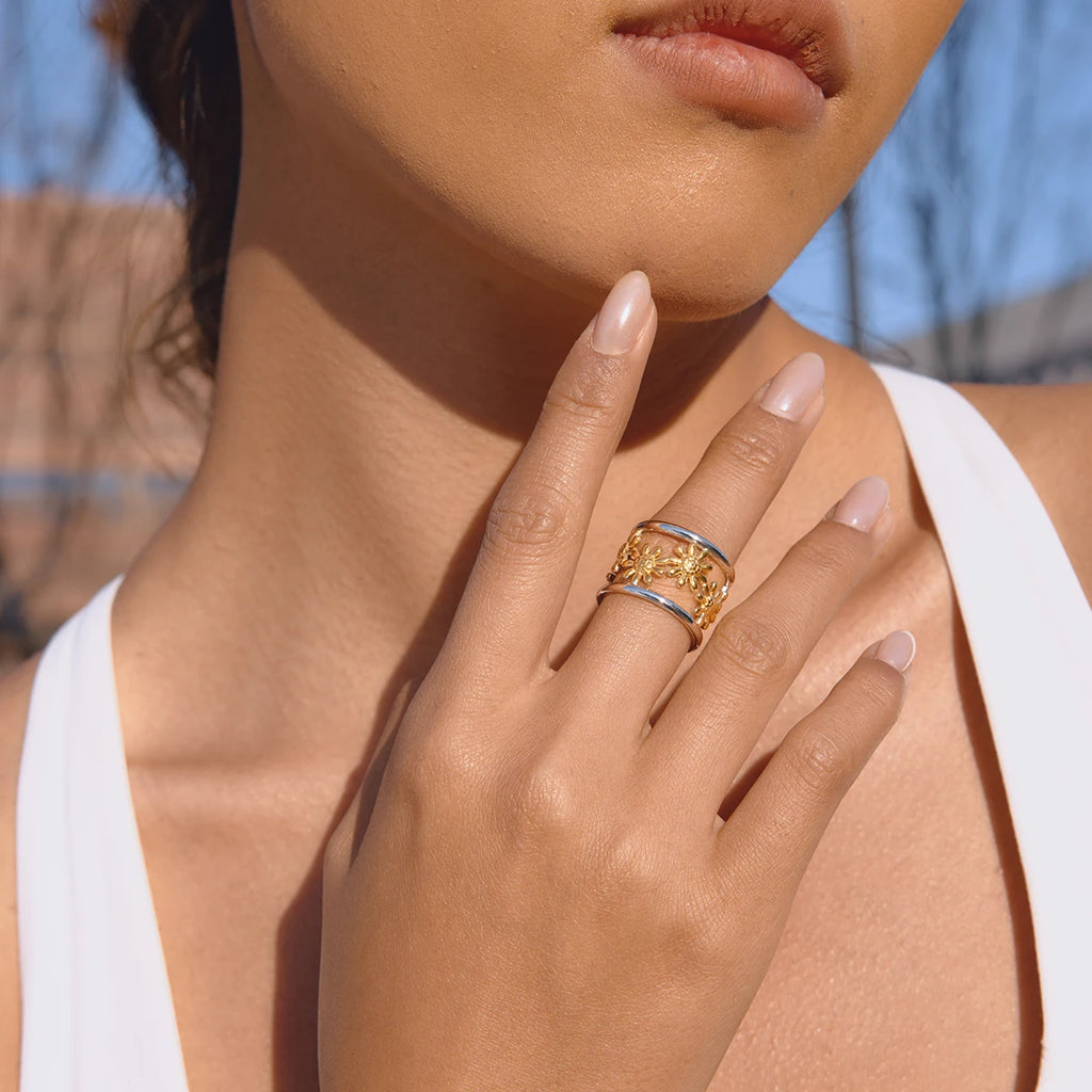 Floral Band Ring Stack — Stainless Steel · PS231