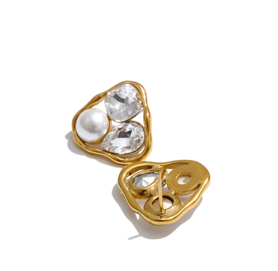 Cubic Zirconia Pearl Geometric Earrings — Gold-Plated Stainless Steel with Pearl and Cubic Zirconia · PS1441