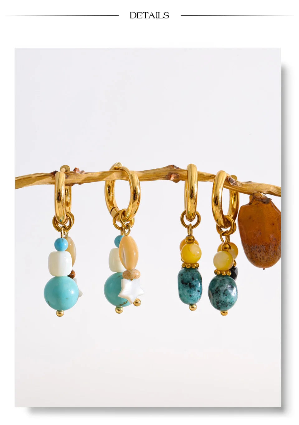 Natural stone star geometric earrings in gold-plated stainless steel with natural stone.