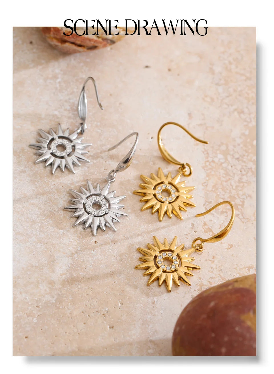 Cubic Zirconia Sun Earrings — Gold-Plated Stainless Steel with Cubic Zirconia · PS935