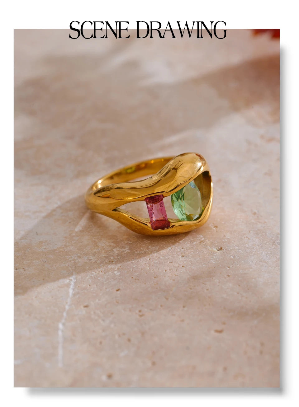 Cubic zirconia geometric ring in 18K gold-plated stainless steel with cubic zirconia.