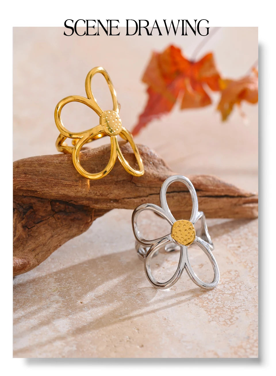 Flower ring in gold-plated stainless steel.