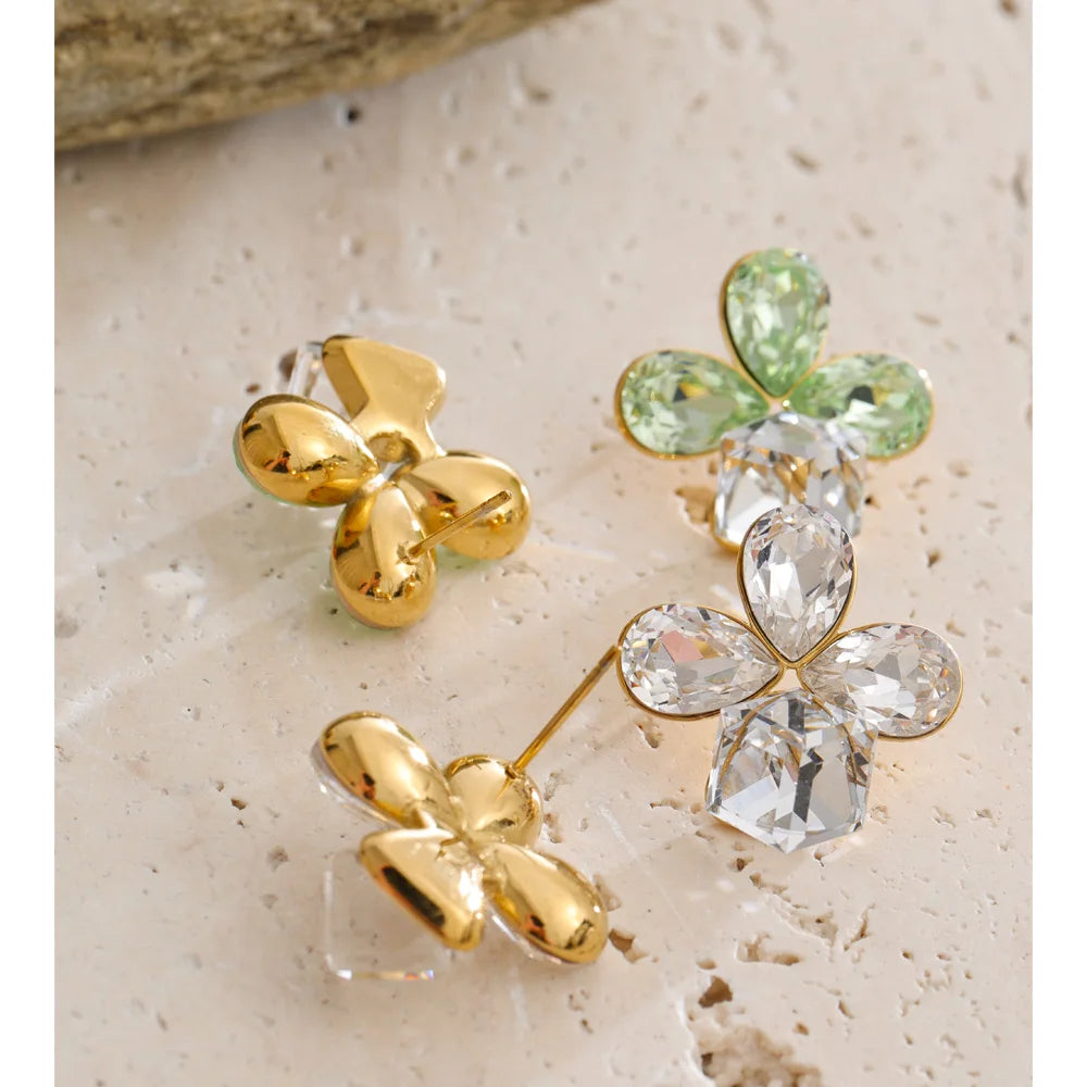 Crystal Flower Geometric Earrings — Gold-Plated Stainless Steel with Crystal · PS1534