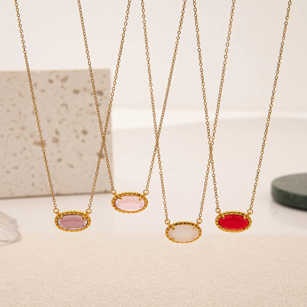 Colorful zircon necklace, natural stone, bone chain, oval, fashionable, popular, niche, personalized jewelry, gold-plated