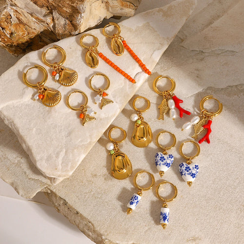 Color Stone Charm Hoop Earrings — Stainless Steel