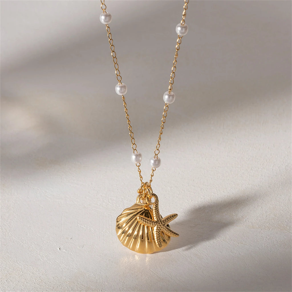 New French Ocean Series Pearl Accessories Fashion Versatile Starfish Shell Necklace Titanium Steel Color Preservation