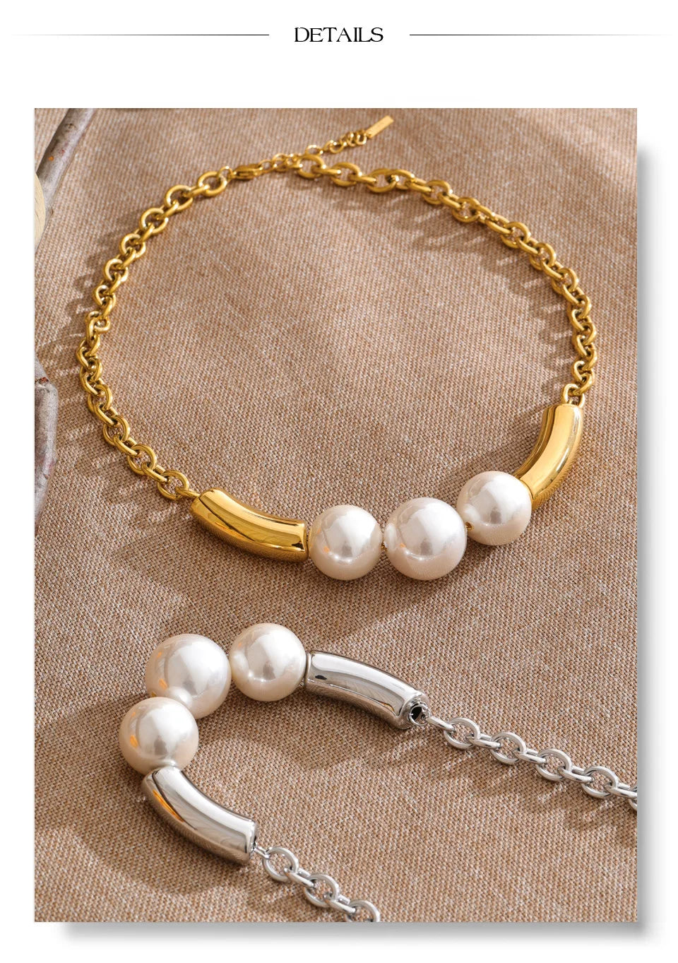 Pearl beaded geometric necklace in gold-plated stainless steel with pearl.