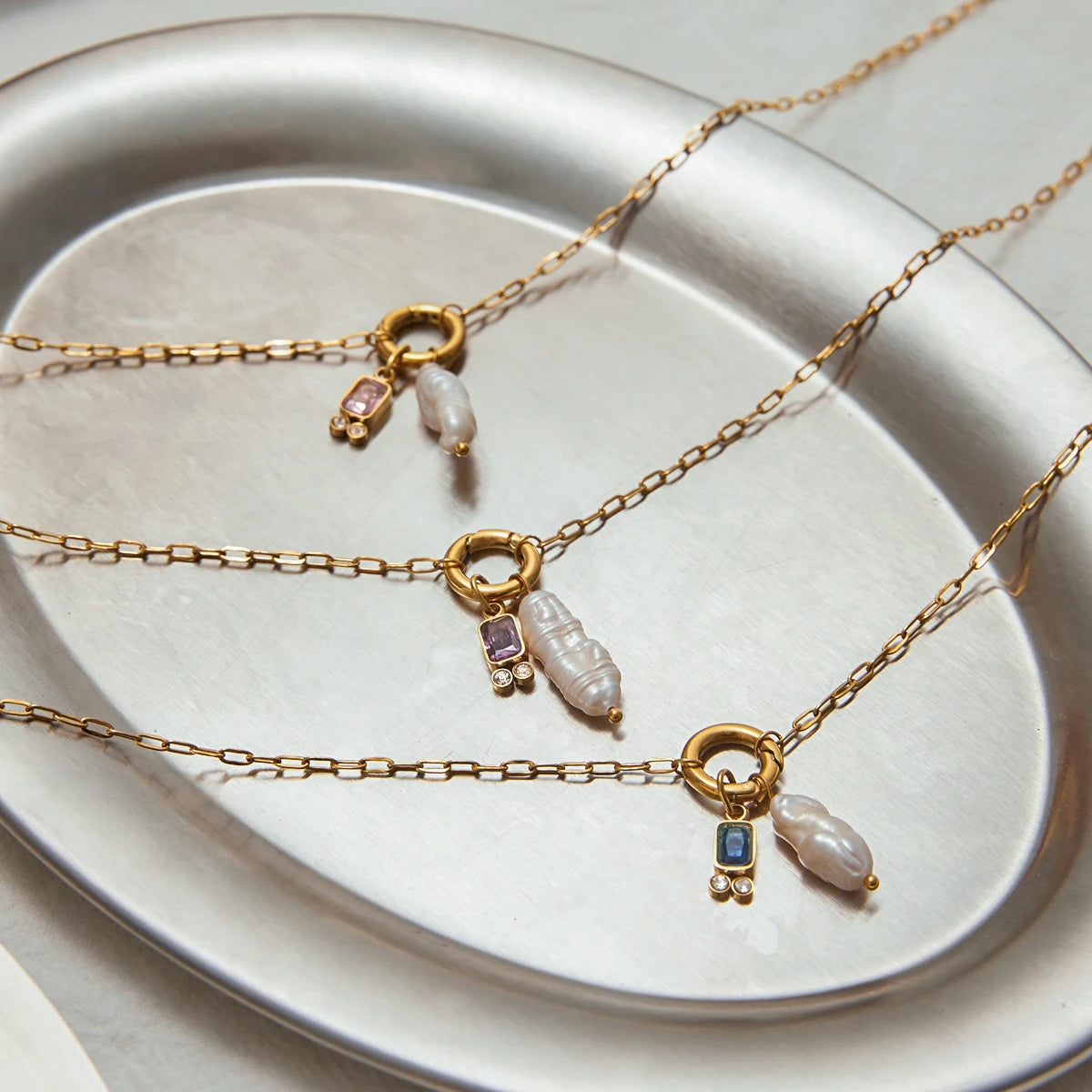 Pearl Birthstone Charm Necklace — Stainless Steel · PS169