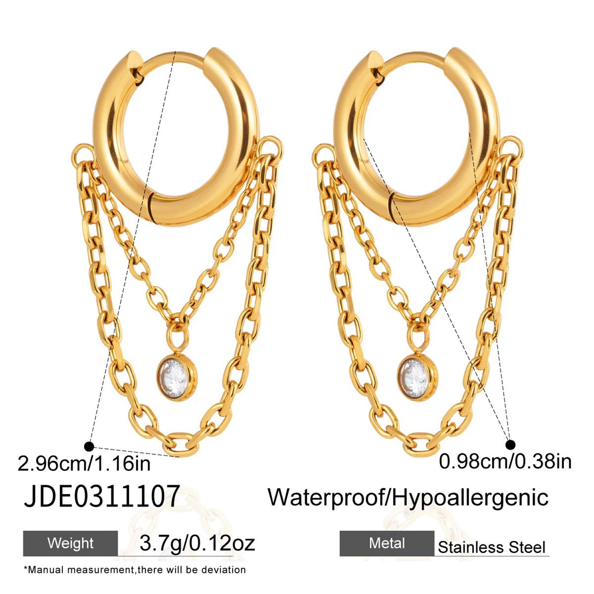 CZ Chain Drop Hoop Earrings — Stainless Steel · PS049