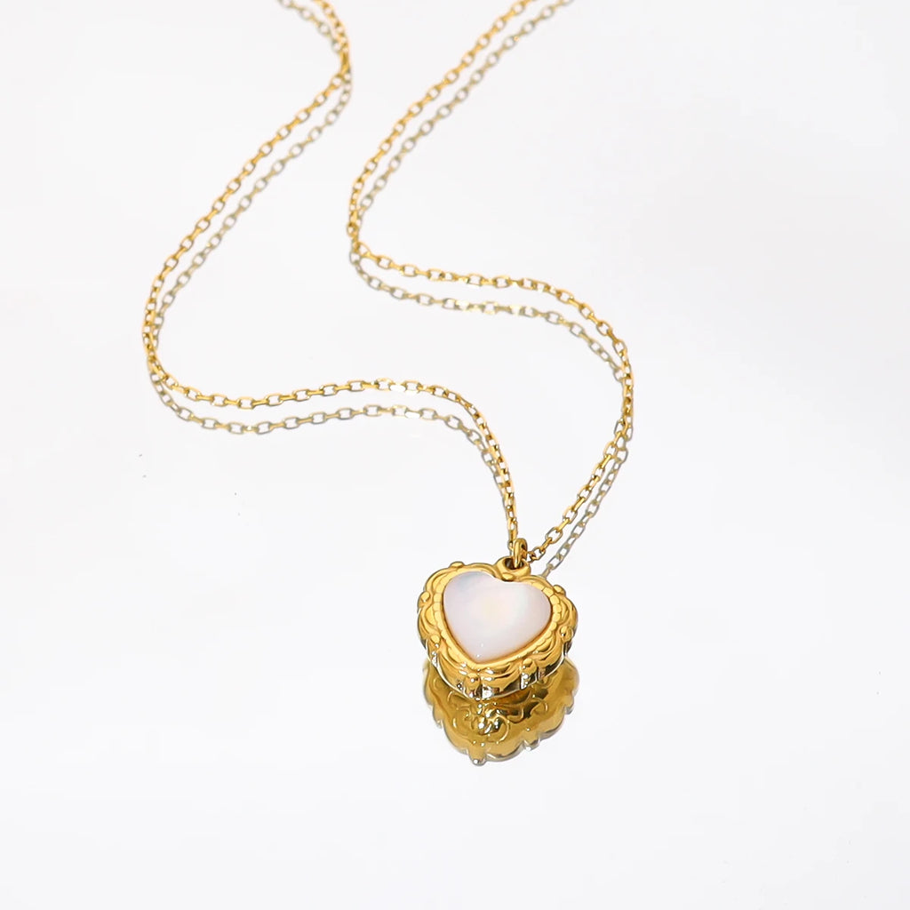 Pendant Necklace White Shell Heart Charm — 316L Stainless Steel · PS413