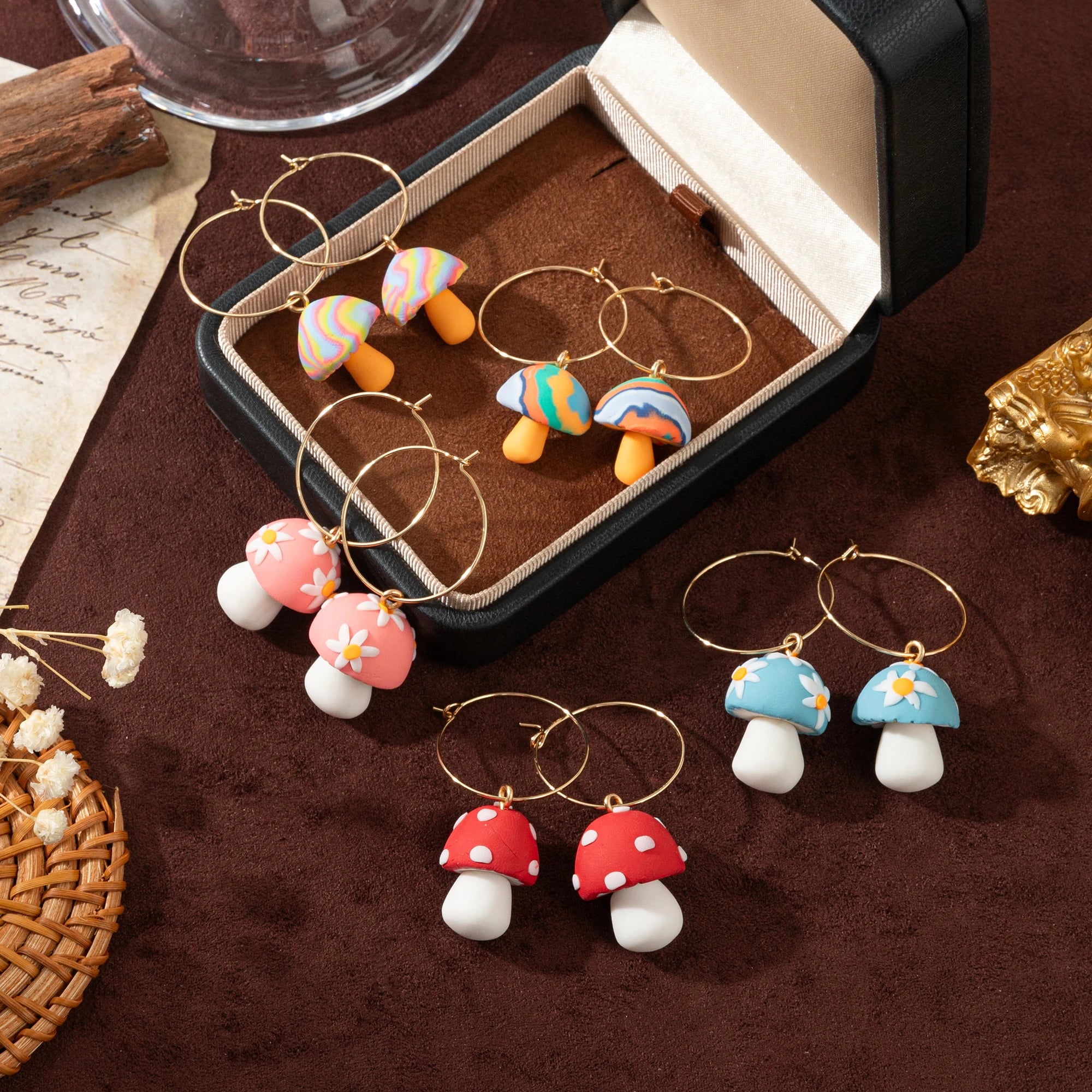 Niche Cute Retro Three Dimensional Drip Oil Copper Dopamine Mushroom Earrings Gold Plated Color Preserving