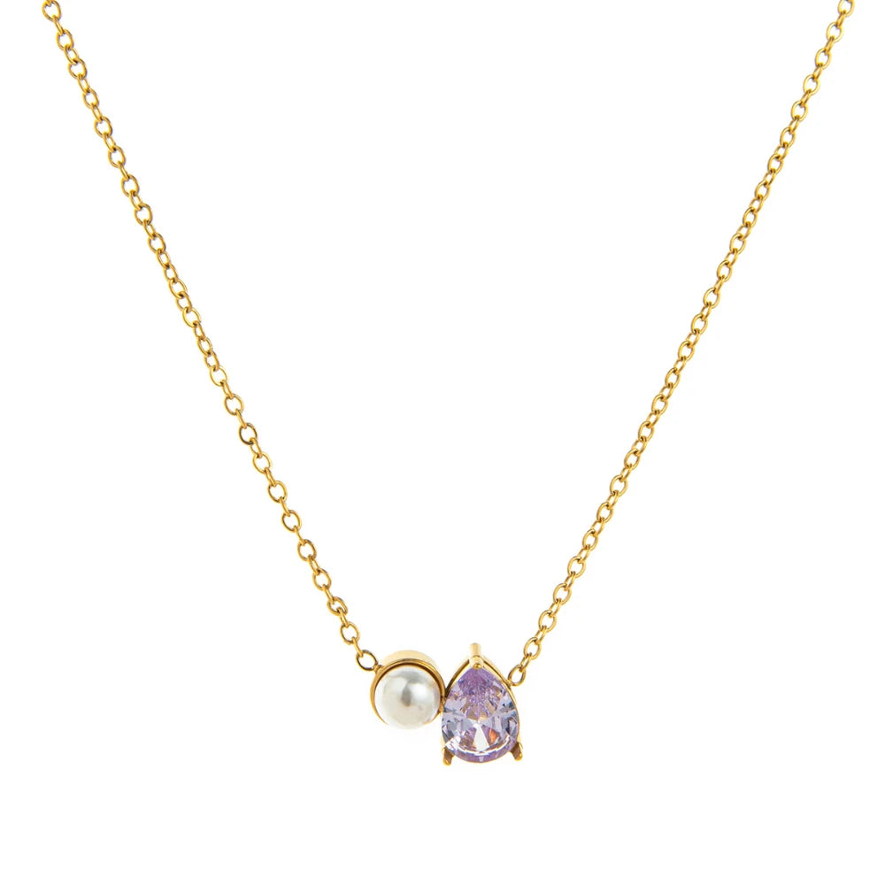 Titanium steel ins teardrop pearl December birthstone necklace zircon pendant gold-plated color preservation