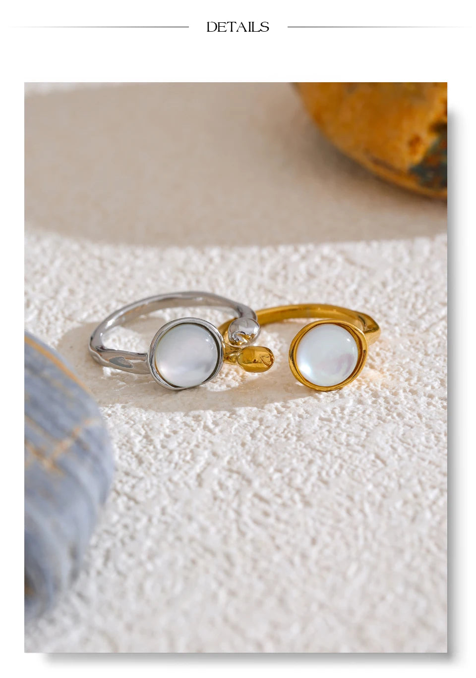 Shell geometric ring in 18K gold-plated stainless steel with shell.
