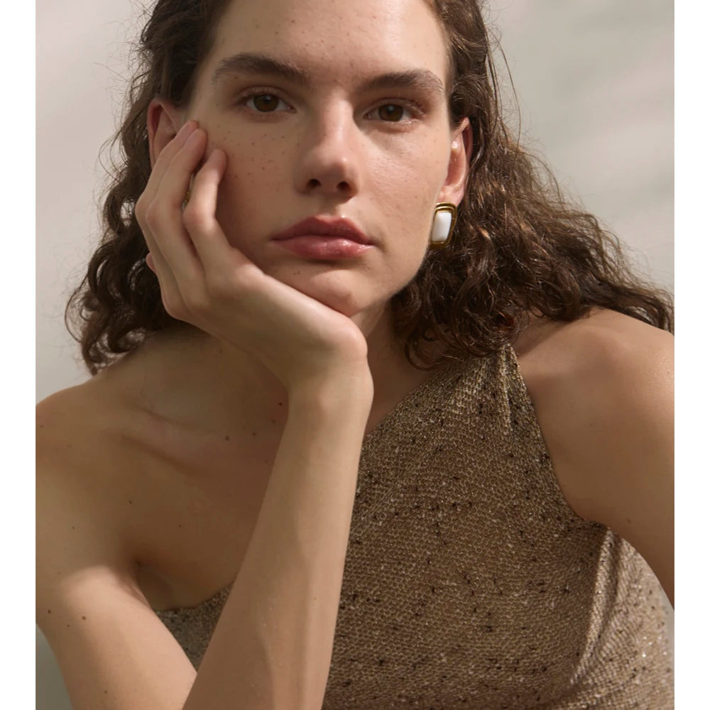 Black Natural Stone Geometric Earrings — Gold-Plated Stainless Steel with Natural Stone · PS1596