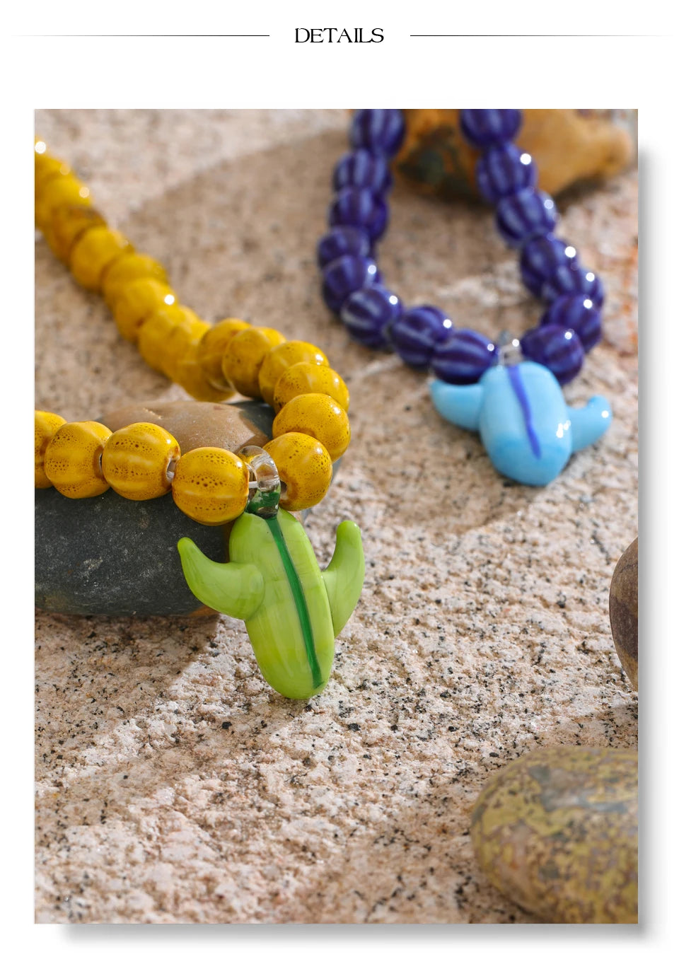 Blue beaded geometric necklace in gold-plated stainless steel.