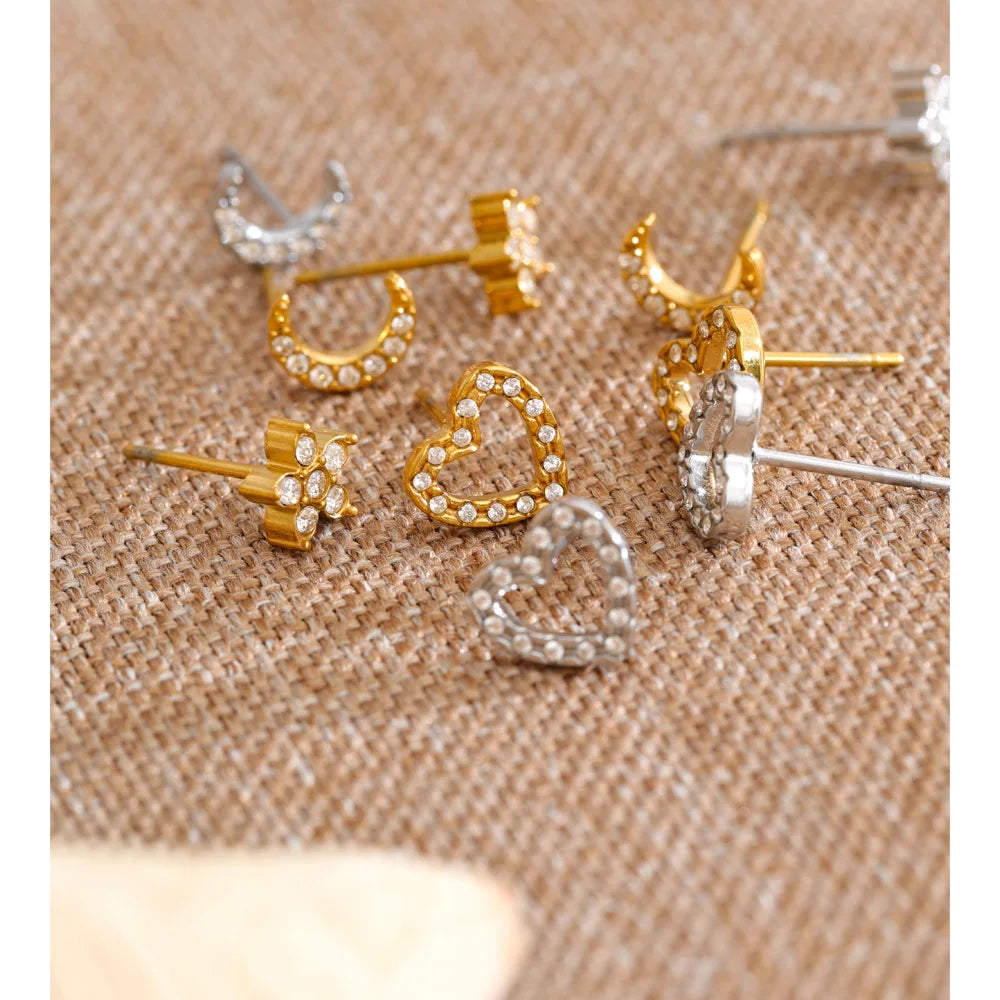 Cubic Zirconia Heart Star Earrings — Gold-Plated Stainless Steel with Cubic Zirconia · PS1112