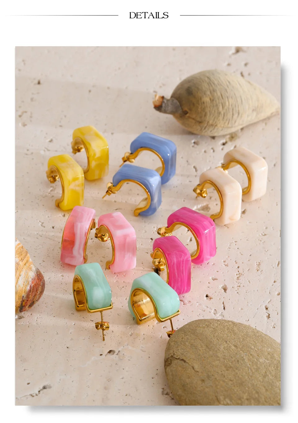 Resin acrylic geometric earrings in gold-plated stainless steel with resin and acrylic.