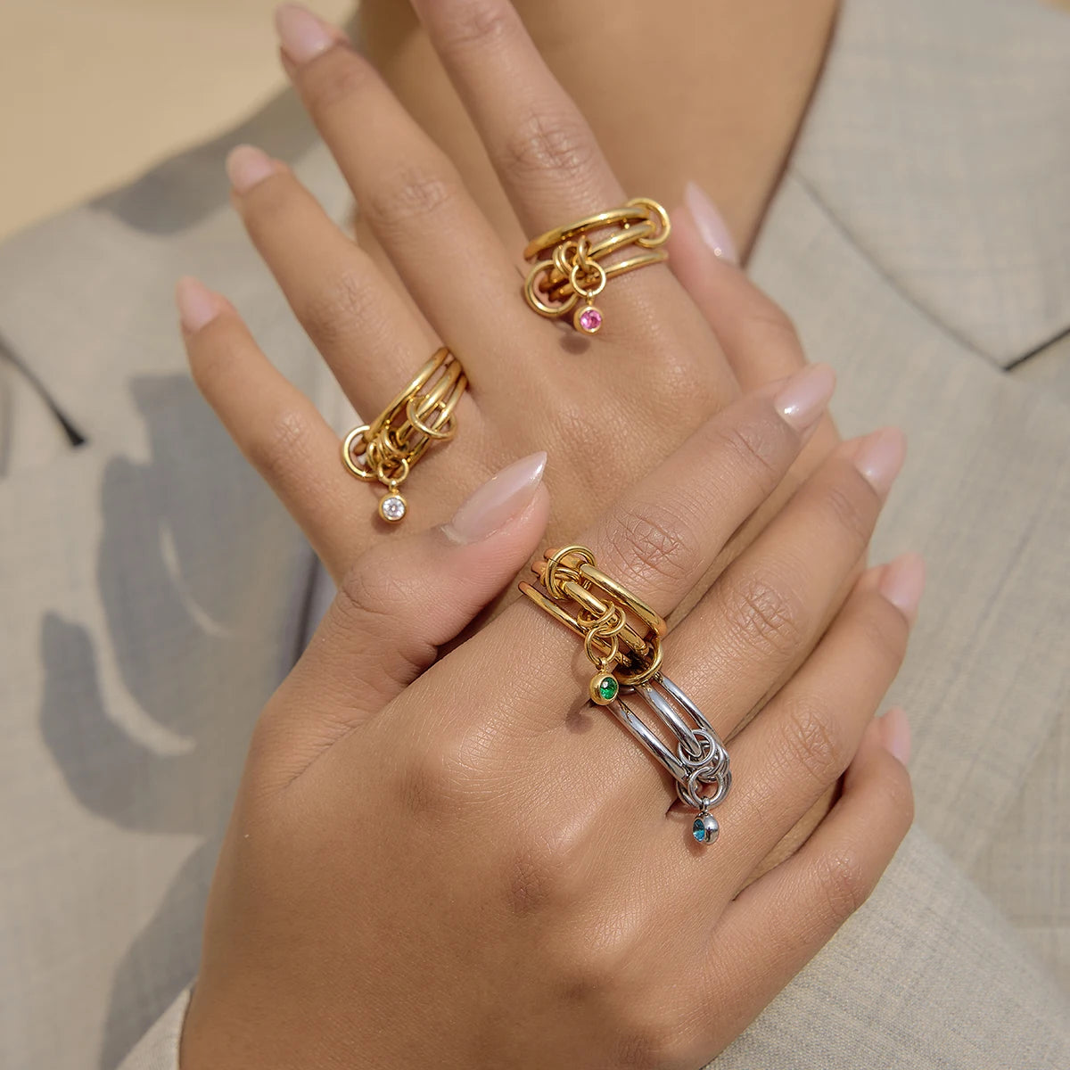 Mixed Crystal Ring Stack — Stainless Steel · PS228