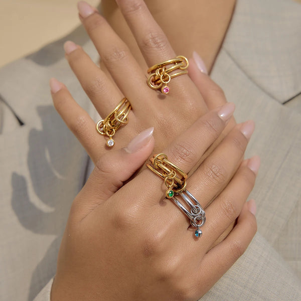 Mixed Crystal Ring Stack — Stainless Steel · PS228