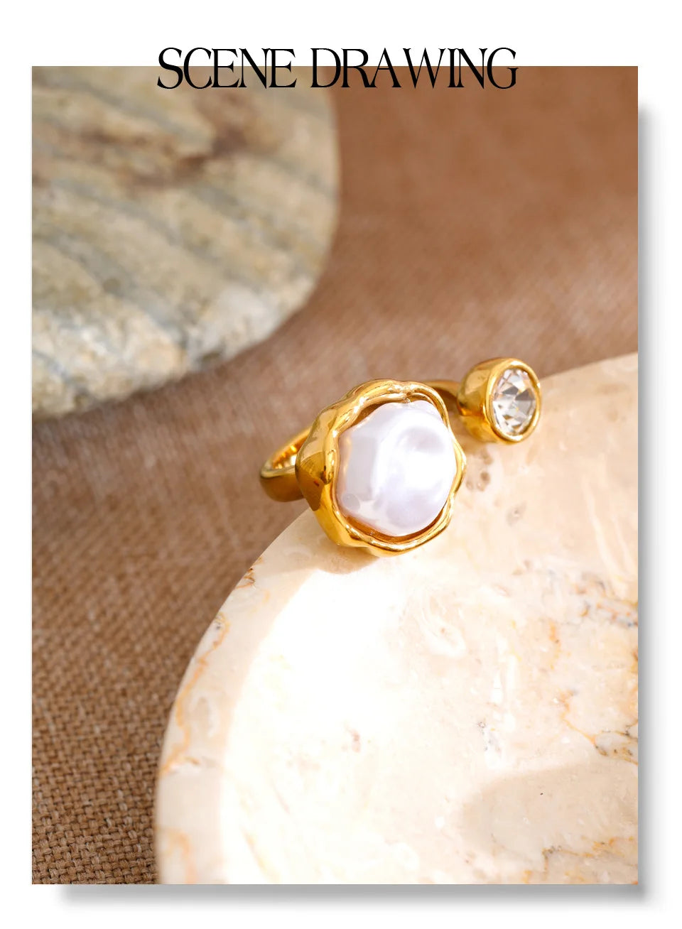 Cubic zirconia pearl geometric ring in 18K gold-plated stainless steel with pearl and cubic zirconia.