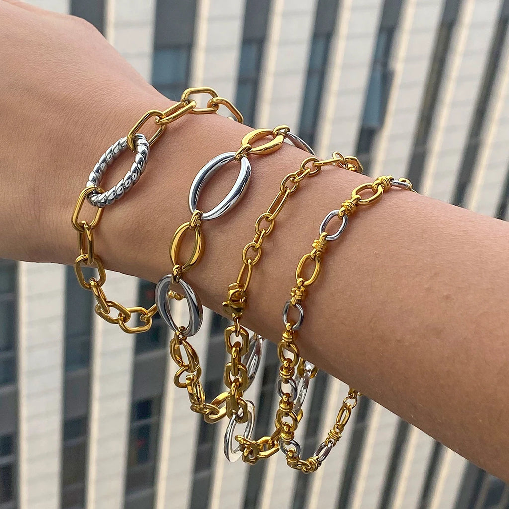 Two-Tone Link Charm Bracelet Stack — Stainless Steel · PS036