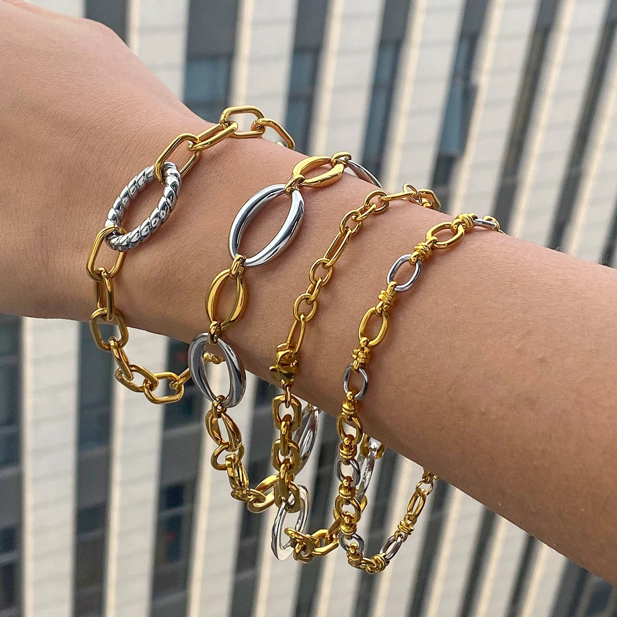 Two-Tone Link Charm Bracelet Stack — Stainless Steel · PS036