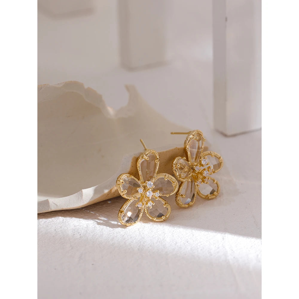 Cubic Zirconia Flower Geometric Earrings — 14K Gold-Plated Copper with Cubic Zirconia · PC21