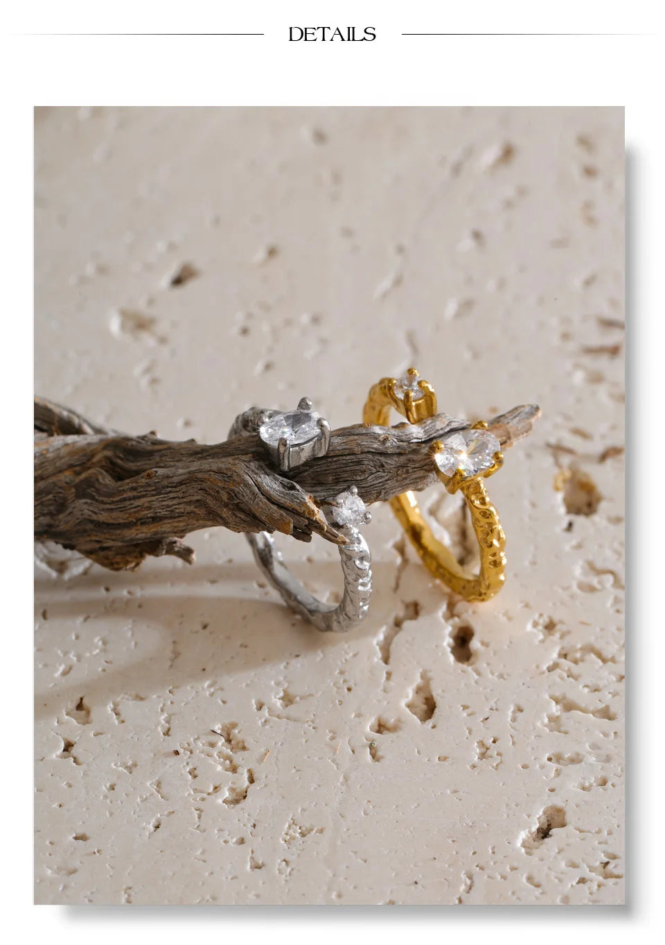 Cubic zirconia geometric ring in 18K gold-plated stainless steel with cubic zirconia.