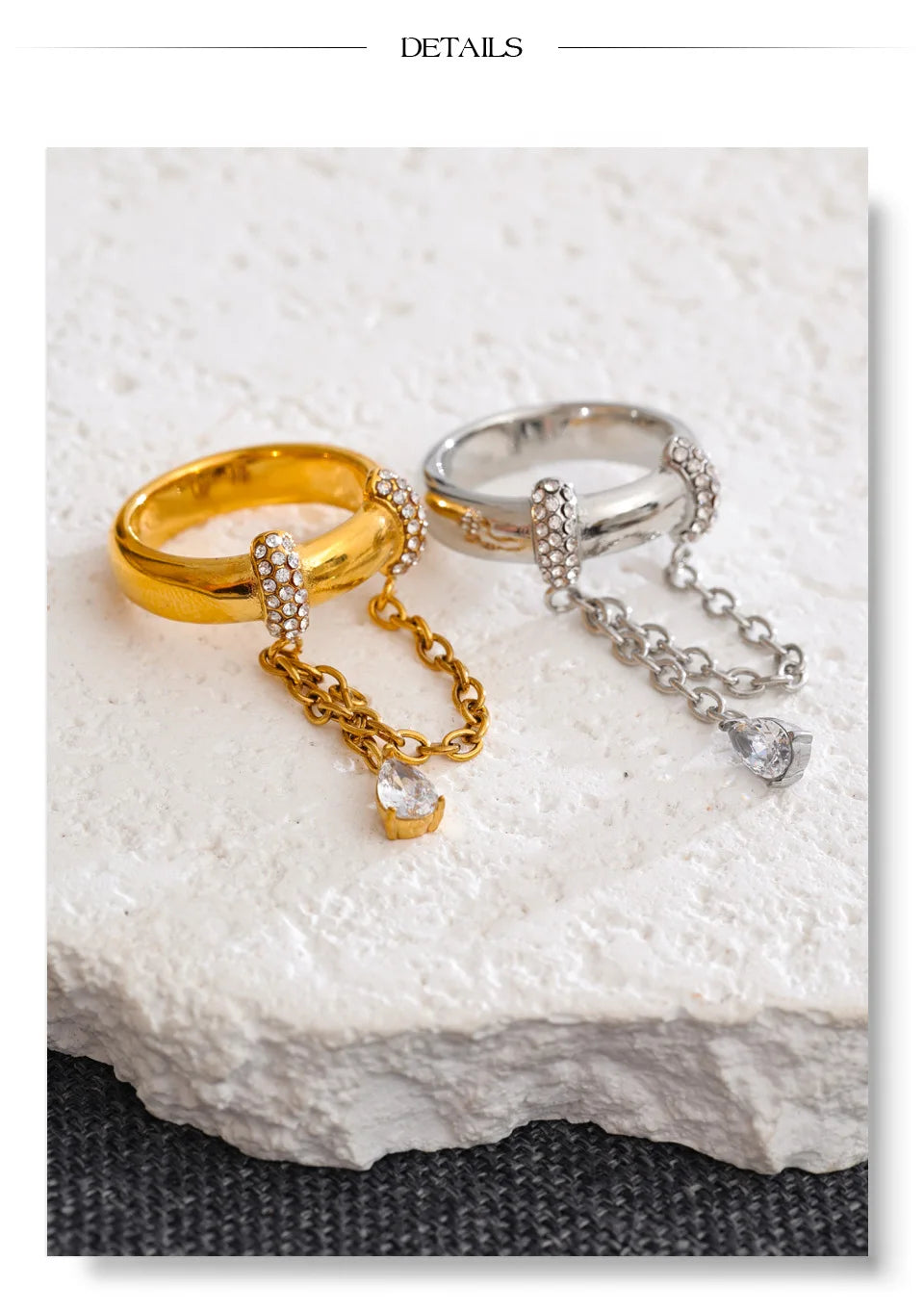 Cubic zirconia geometric chain ring in 18K gold-plated stainless steel with cubic zirconia.