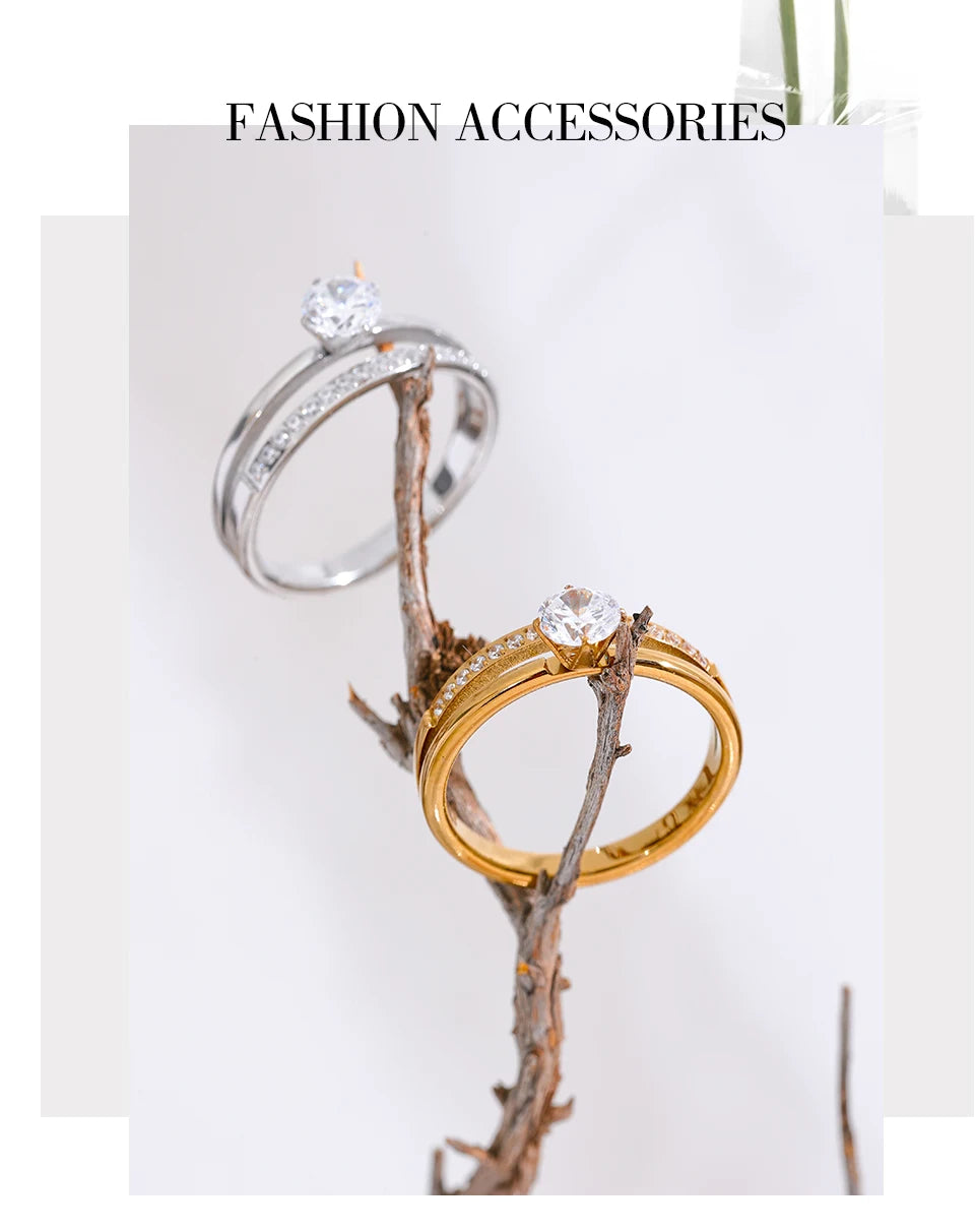 Cubic zirconia geometric layered ring in gold-plated stainless steel with cubic zirconia.