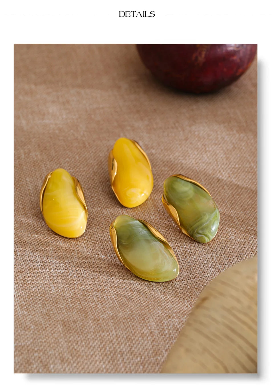 Resin acrylic multi-color earrings in gold-plated stainless steel with resin and acrylic.