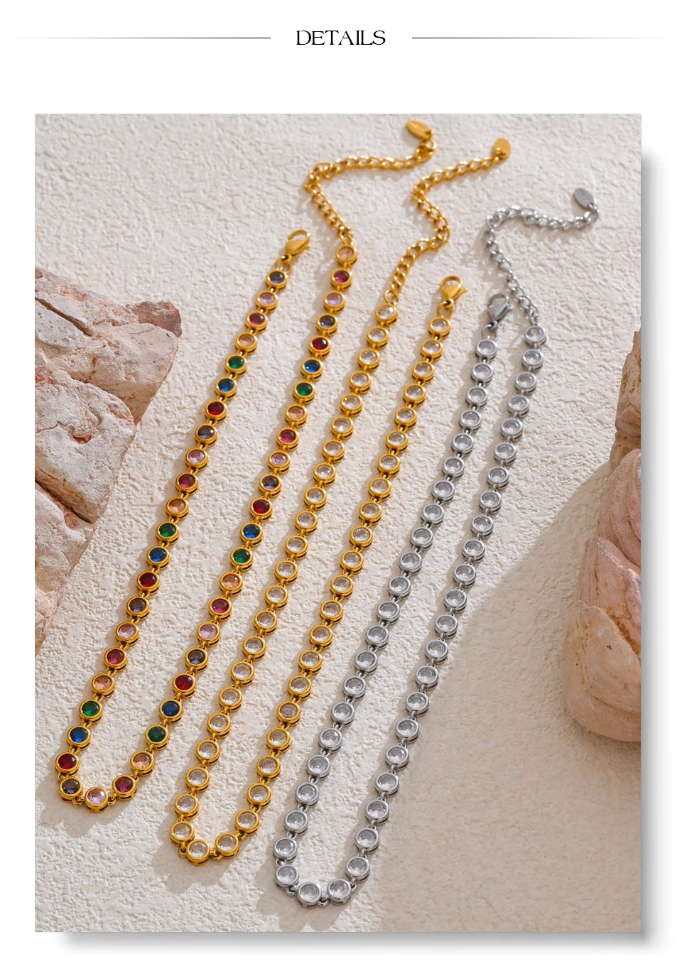 Cubic zirconia multi-color geometric necklace in gold-plated stainless steel with cubic zirconia.