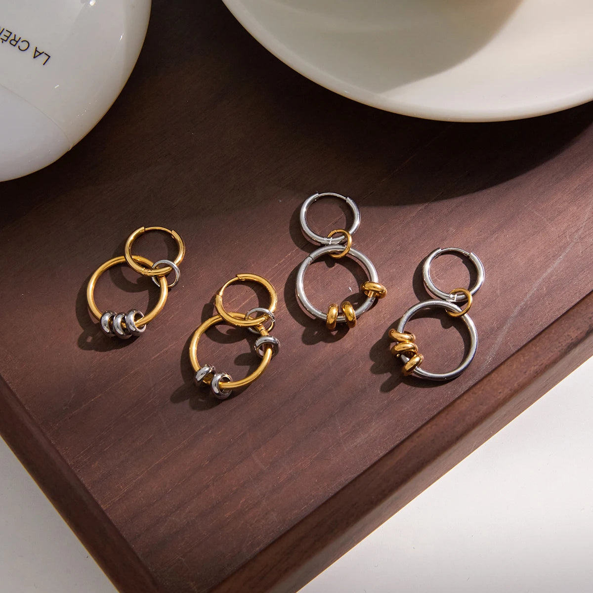 Two-Tone Ring Drop Earrings — Stainless Steel · PS107