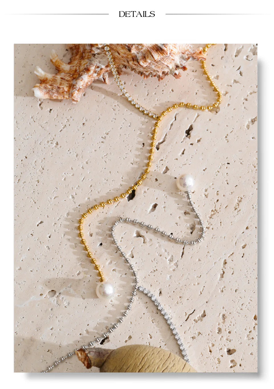 Cubic zirconia pearl geometric necklace in gold-plated stainless steel with pearl and cubic zirconia.