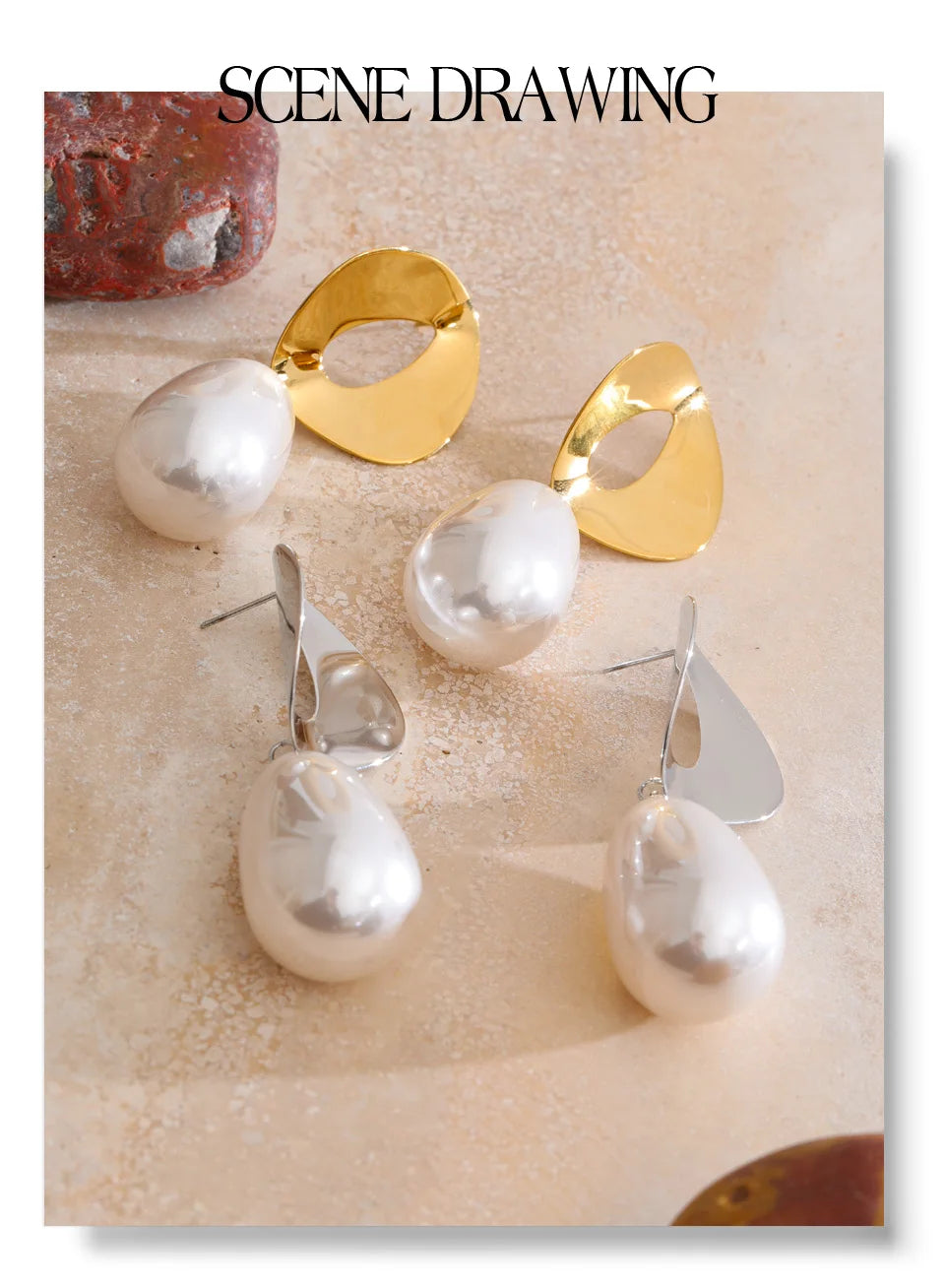 Pearl geometric earrings in gold-plated stainless steel with pearl.