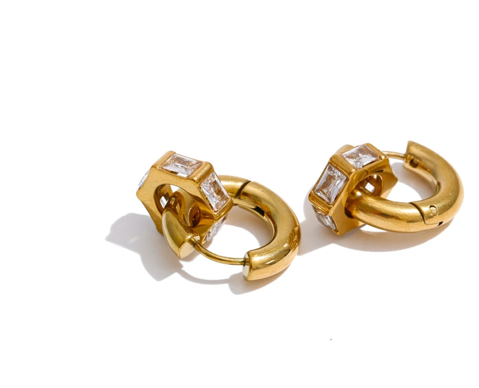 Cubic Zirconia Geometric Earrings — Gold-Plated Stainless Steel with Cubic Zirconia · PS1309