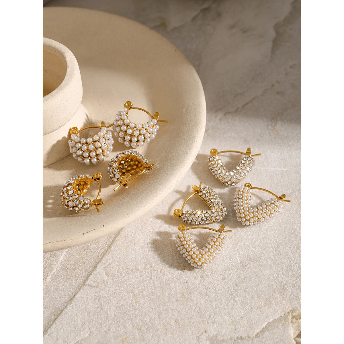 Pearl Huggie Hoop Earrings — Stainless Steel · PS333