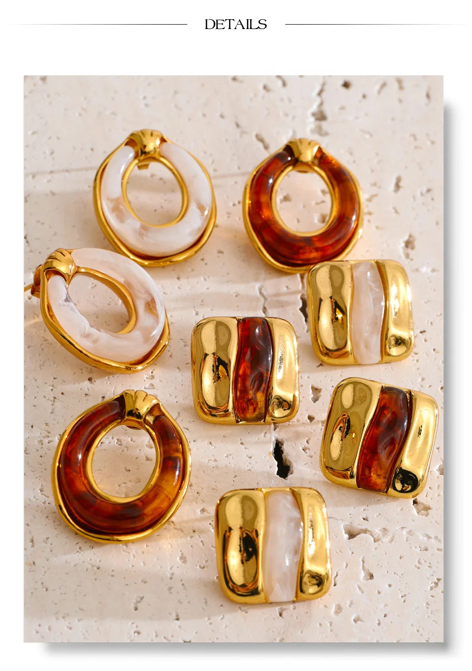 Resin multi-color geometric earrings in gold-plated stainless steel with resin.