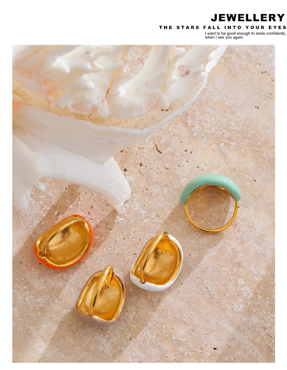 White enamel multi-color ring in 18K gold-plated stainless steel with enamel.