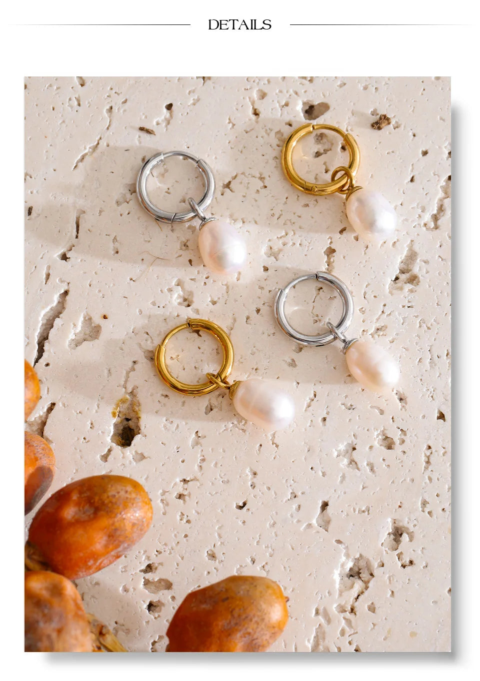 Freshwater pearl geometric earrings in gold-plated stainless steel with freshwater pearl.