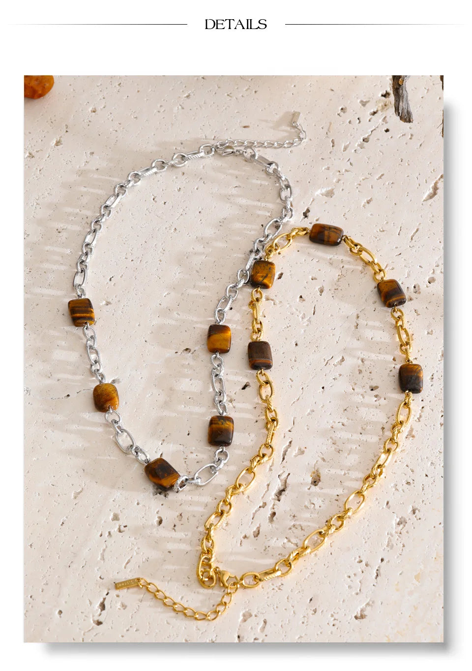 Natural stone geometric chain necklace in gold-plated stainless steel with natural stone.