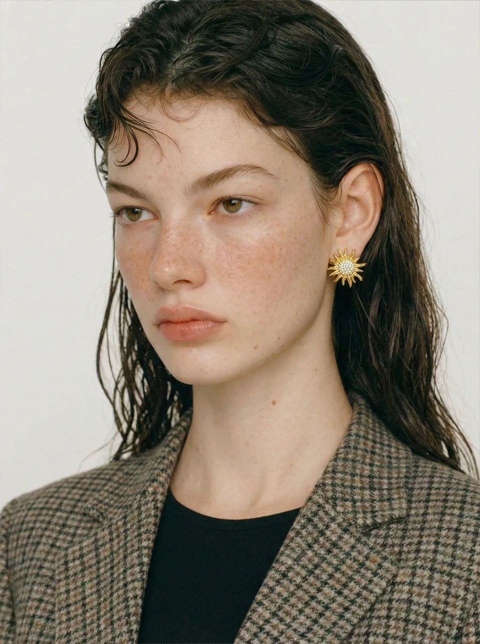 Cubic Zirconia Sun Geometric Earrings — Gold-Plated Stainless Steel with Cubic Zirconia · PS928