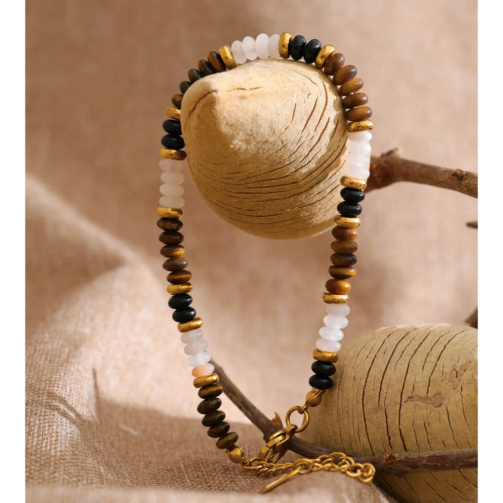 Natural Stone Beaded Geometric Bracelet — Gold-Plated Stainless Steel with Natural Stone · PS1094