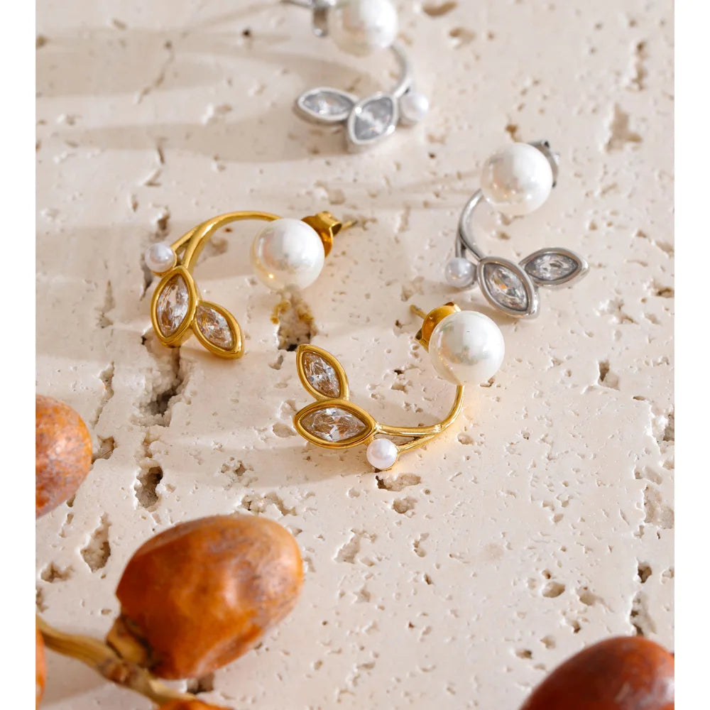 Cubic Zirconia Pearl Geometric Earrings — Gold-Plated Stainless Steel with Pearl and Cubic Zirconia · PS1303