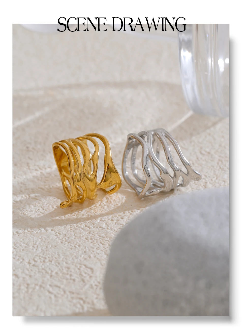 Geometric layered ring in gold-plated 316L stainless steel.