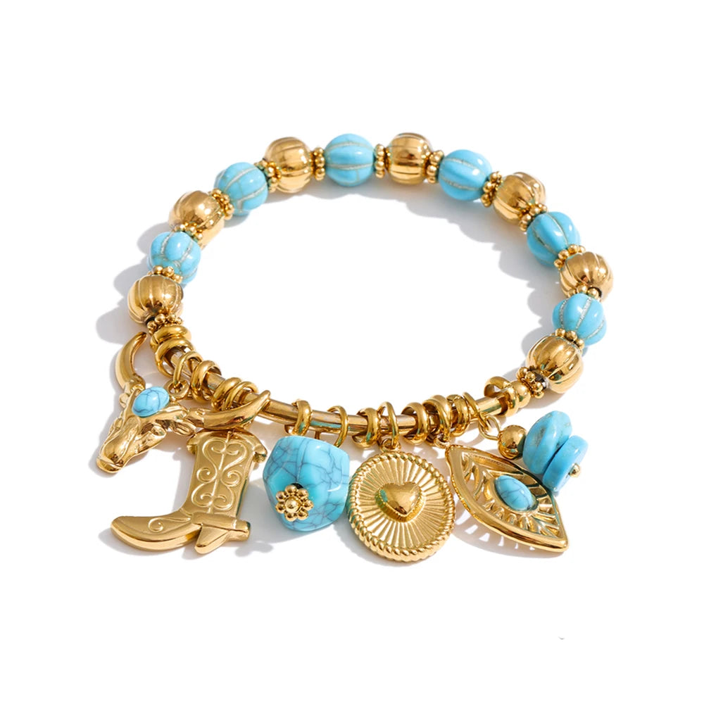 Natural stone heart beaded necklace in gold-plated stainless steel with natural stone.