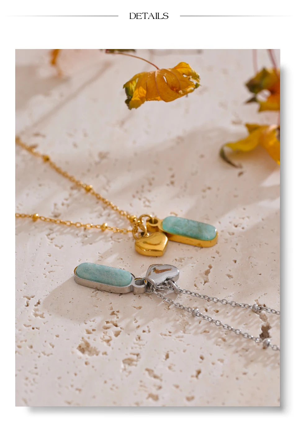 Natural stone heart geometric necklace in gold-plated stainless steel with natural stone.