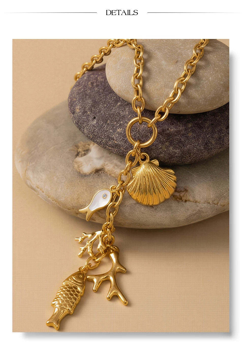 Cubic zirconia shell geometric necklace in gold-plated stainless steel with cubic zirconia and shell.