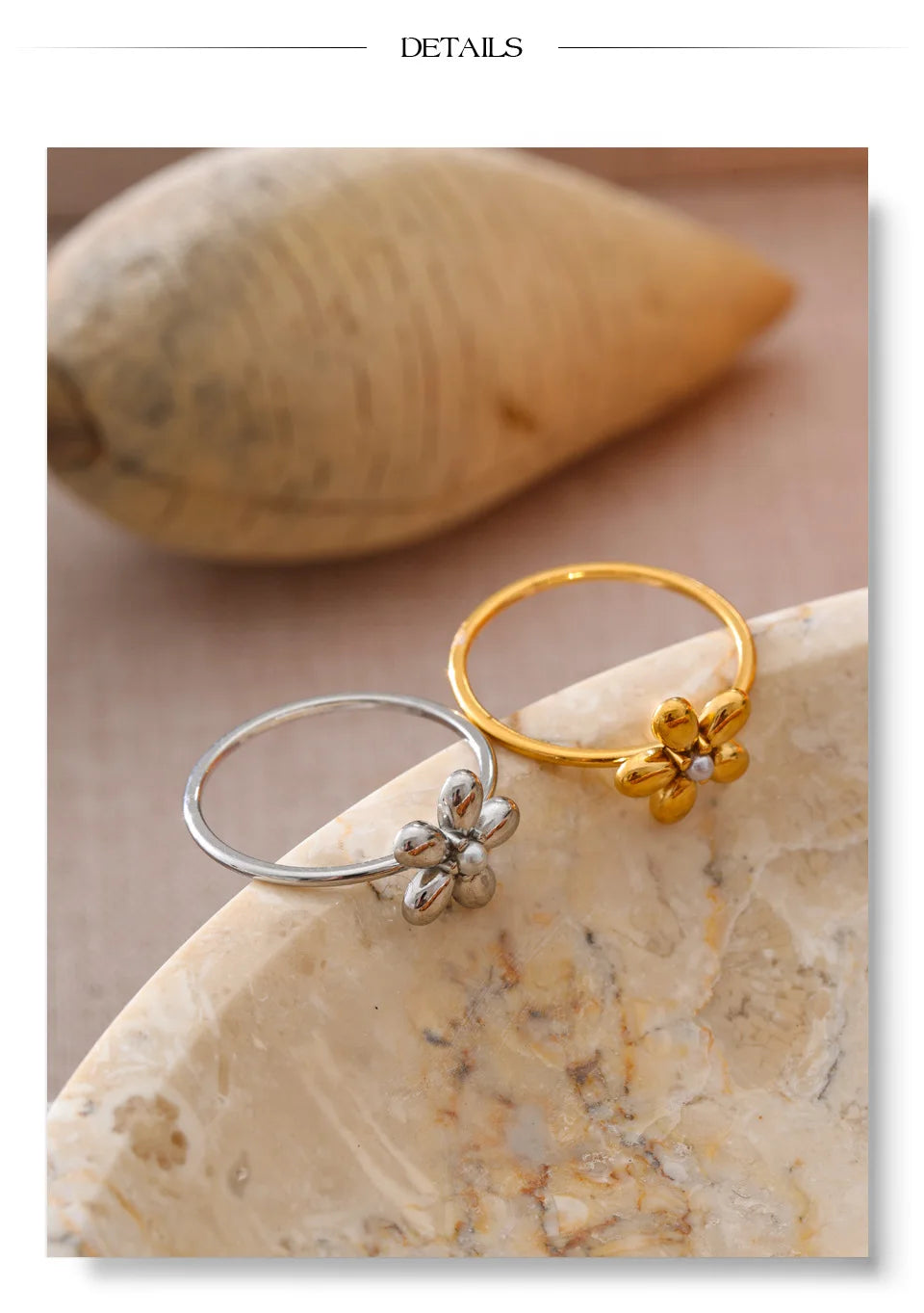 Pearl flower minimalist ring in 18K gold-plated stainless steel with pearl.